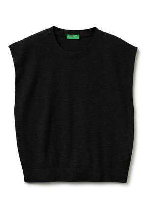 Czarna, bezrękawnikowa dzianinowa kamizelka z okrągłym dekoltem i prążkowanym dołem, z zieloną metką "United Colors of Benetton" wewnątrz kołnierza.