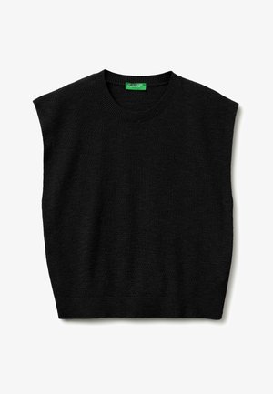 Gilet a maglia nero senza maniche con scollo rotondo e orlo a coste, con etichetta verde "United Colors of Benetton" all'interno del colletto.