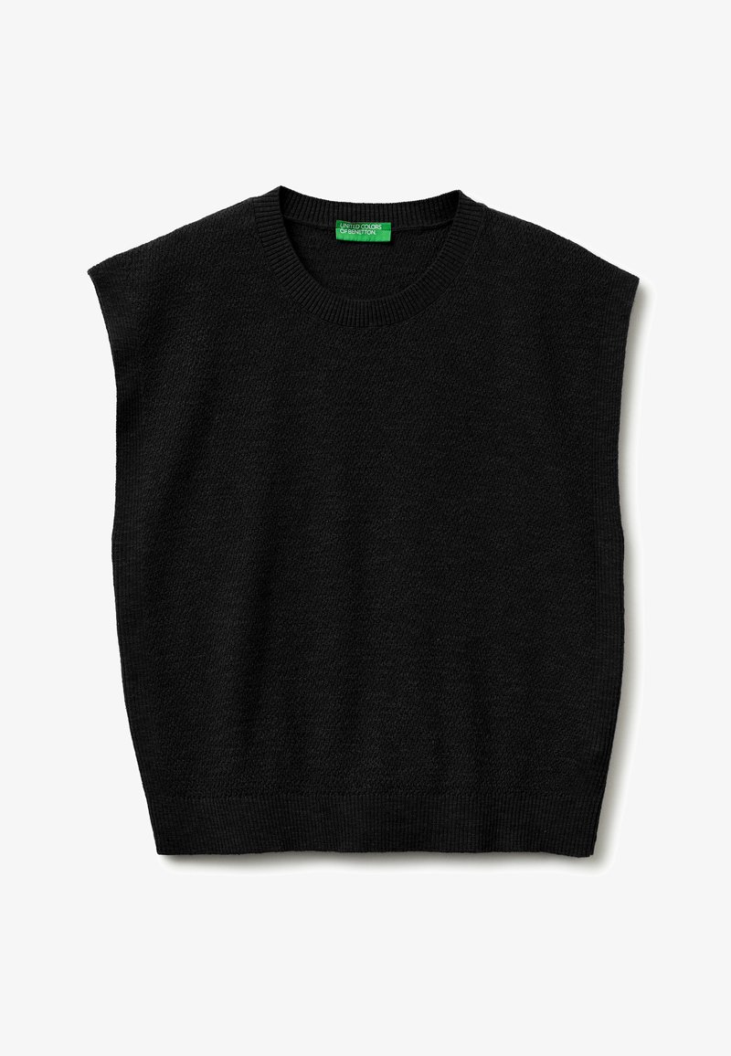 Schwarze, ärmellose, gestrickte Pulloverweste mit rundem Ausschnitt und geripptem Saum, mit einem grünen "United Colors of Benetton"-Etikett im Krageninneren.