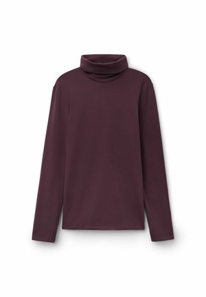 Langärmeliger Rollkragenpullover in tiefem Lila. Hergestellt aus einem glatten, elastischen Stoff. Verfügt über einen hohen Kragen und eine gerade, lockere Passform.