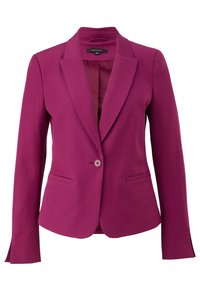 Blazer violet à un bouton avec revers à encoche et deux poches fendues devant, coupe ajustée, manches longues.