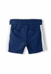 Námořnické modré bavlněné šortky s bílým bočním panelem, elastickým pasem a dvěma zadními kapsami; hladká textilie a ležérní design.