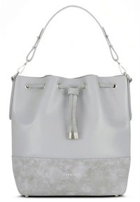 Szürke bőr vödörtáska sima felső résszel és texturált velúr alsó résszel. Húzózsinór záródással és ezüst színű fém díszítésekkel.