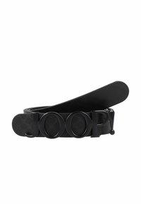 Cinturón de cuero negro con textura estampada, hebilla metálica negra sobredimensionada con el logo "JOOP!" y extremos redondeados.