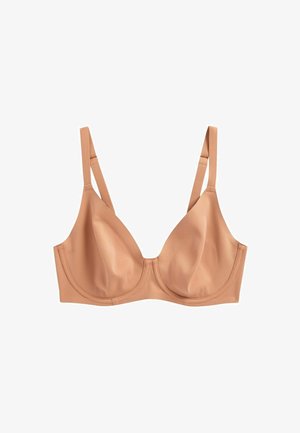 Alasti rinnahoidja traadi ja vormitud tassidega, millel on reguleeritavad paelad ja sile, satiinilaadne tekstuur. Lihtne disain, ilma kaunistusteta.