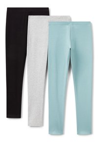Tre paia di leggings semplici disposti affiancati in colori nero, grigio chiaro e azzurro su uno sfondo bianco.