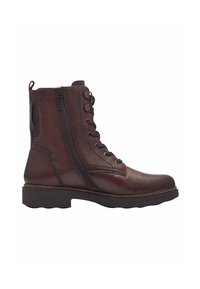 Bottines en cuir marron avec fermeture éclair latérale, laçage à l'avant, finition texturée, bout arrondi et semelle épaisse.