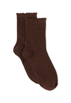 Calzini marroni a costine con polsino smerlato, caratterizzati da un lieve scintillio. Realizzati in materiale morbido ed elastico per comfort e vestibilità.