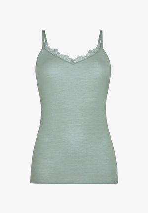 Lichtgroene hemdtop met dunne bandjes en kanten rand langs de V-hals, nauwsluitend model.