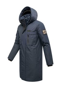 Námořnický modrý zateplený parka kabát s kapucí, se zipem vpředu, dvěma velkými kapsami a logem na rukávu.