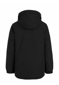 Zwarte hoodie met een ontspannen pasvorm, met elastische manchetten en een rechte zoom. Gemaakt van glad, duurzaam materiaal zonder zichtbare patronen.