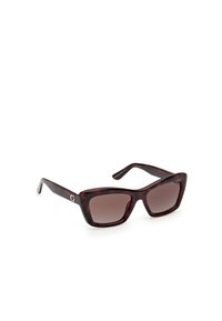 Brown-hued square sunglasses with dark gradient lenses, featuring a sleek, glossy frame and gold-accented logo on the side.