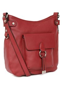 Borsa a spalla in pelle rossa con finitura strutturata, tracolla regolabile, tasca con pattina anteriore, hardware in tonalità argento e dettaglio inferiore arricciato.