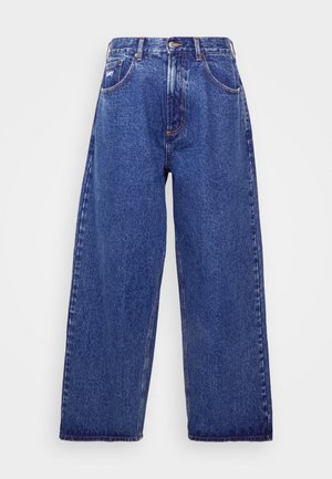 Laiad sinised denim püksid kõrge vöökohaga, viie tasku, nupukinnitusega ja õrna pleekimisega tekstuuri jaoks.
