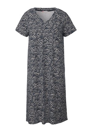 Robe courte bleu marine à manches courtes avec un motif ondulé beige, dotée d'un décolleté en V et d'une coupe décontractée, fabriquée dans un tissu léger et doux.
