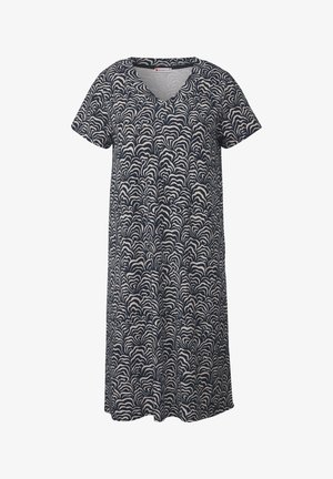 Námořnické šaty s krátkým rukávem a béžovým vlnkovým vzorem, s výstřihem do V a volným střihem, vyrobené z měkké a lehké tkaniny.