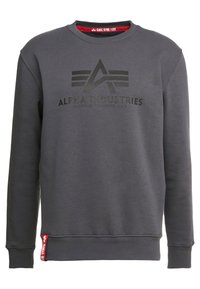 Felpa grigia con collo tondo, presenta un design con logo e testo neri sulla parte anteriore. Include un'etichetta di colore rosso all'orlo.