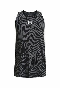 Black tank top with a zebra stripe pattern in shades of gray. Features a crew neck and soft, lightweight fabric. Under Armour logo on front.