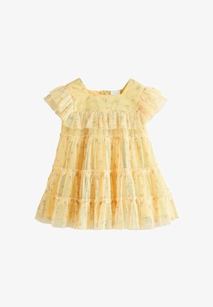 Gelbes Kleid mit gerafften kurzen Ärmeln und gestuftem Design. Verfügt über einen floralen Druck und einen quadratischen Ausschnitt. Leichte Textur.