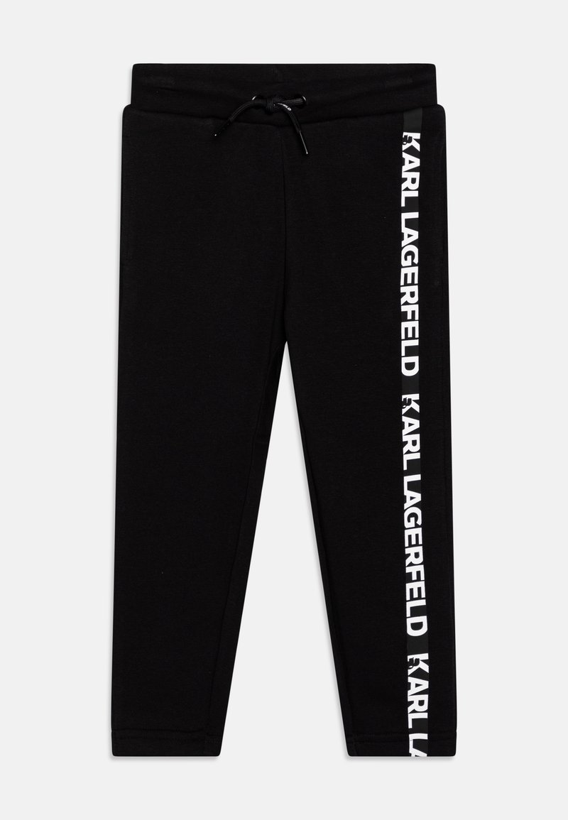 Svarta sweatpants i bomull med elastisk midja och dragsko, samt en vit logoprint längs sidan.