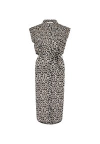 Abito senza maniche nero con motivi floreali bianchi, abbottonatura frontale, vita aderente e orlo al ginocchio. Tessuto morbido con una consistenza liscia.