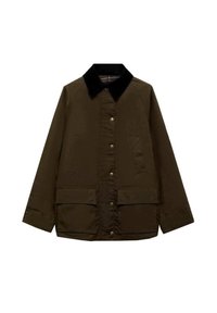 Brun langærmet jakke med sort krave, frontknaplukning, to store frontlommer med klap og to øverste welt-lommer, vist fladt.