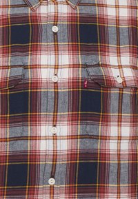 Camicia a quadri rossa, blu navy e bianca con maniche corte, colletto alla coreana e due tasche sul petto. Presenta bottoni bianchi e una piccola etichetta con logo.