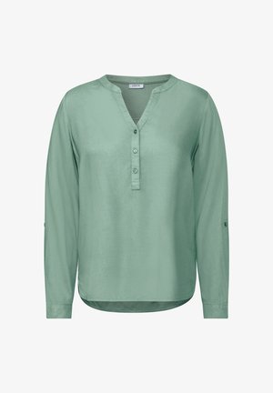 Helles grünes Langarmshirt mit V-Ausschnitt, vier Knöpfen an der Knopfleiste und hochrollbaren Ärmeln. Glatte Textur, lässige Passform.