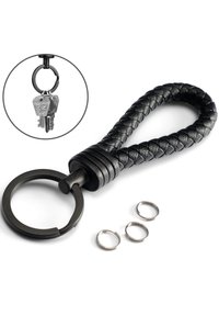 Black braided leather keychain with circular metal ring, includes three silver key rings. Smooth texture, durable design.