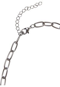Collier en métal argenté avec des maillons allongés, un fermoir mousqueton et une chaîne d'extension réglable pour personnaliser la longueur.