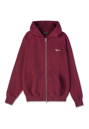 Maroon zip-up hoodie with front pockets, ribbed cuffs and hem, small white embroidered logo on the left chest, and a hood.