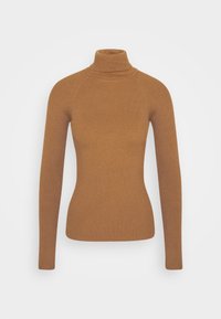 Brązowy prążkowany sweter z długim rękawem i golfem, z dopasowaną talią i rękawami raglanowymi na jednolitym białym tle.