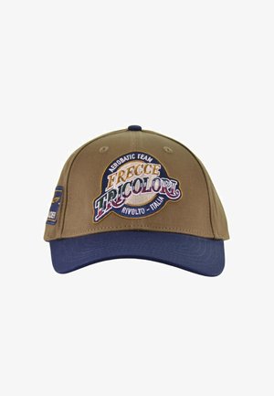 Berretto marrone e blu navy con logo ricamato "Frecce Tricolori Aerobatic Team Rivolto - Italia" sulla parte anteriore e patch laterale decorativa.