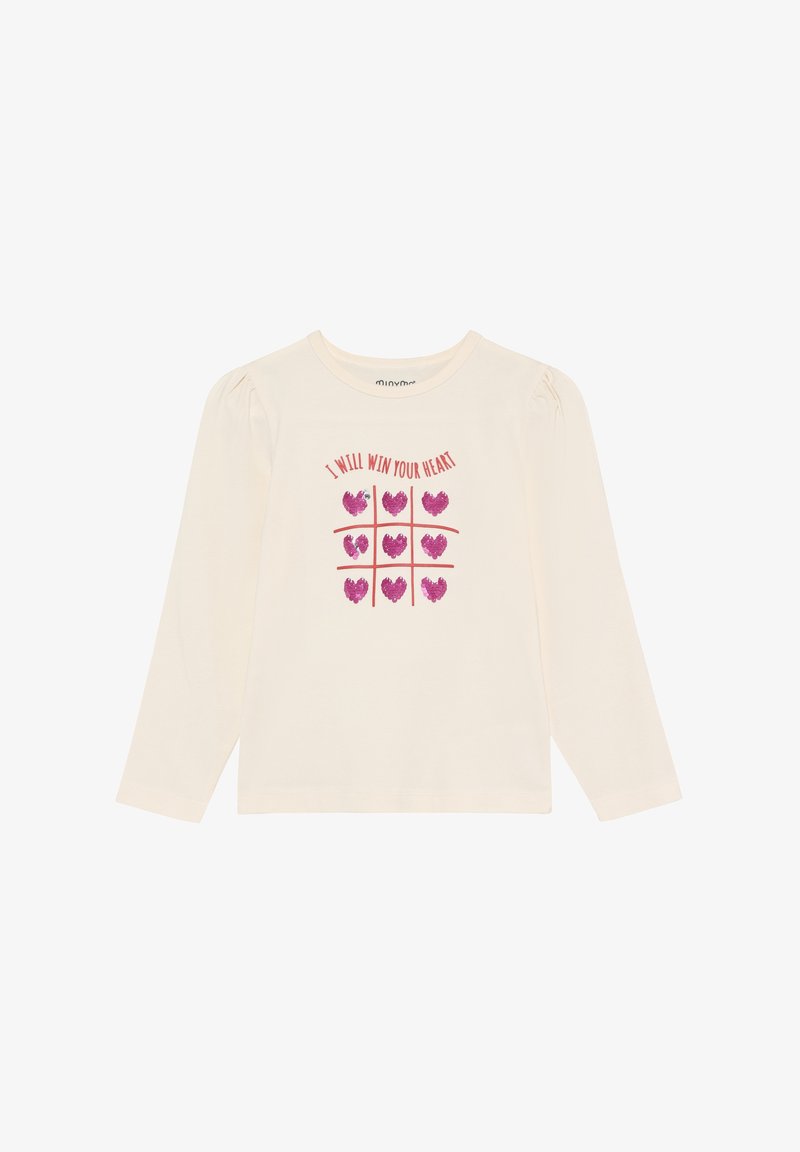 Crèmekleurig T-shirt met lange mouwen en pofmouwen, met roze grafische tekst en hartjes in een boter-kaas-en-eieren patroon aan de voorkant.