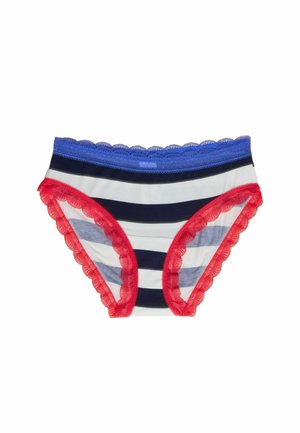 Striped cotton underpants with navy, white, and blue colors. Features a scalloped red lace trim along the waistband and leg openings.