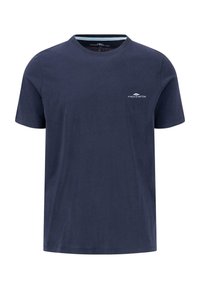 Tricou din bumbac bleu marin, cu guler rotund, mâneci scurte și un mic logo cu text pe pieptul stâng. Textură netedă și croială standard.