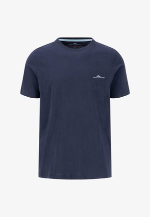 Tumši zila kokvilnas T-krekla ar apaļu kakla izgriezumu, īsām piedurknēm un mazu teksta logo kreisajā krūtī. Gluda tekstūra un standarta piegriezums.