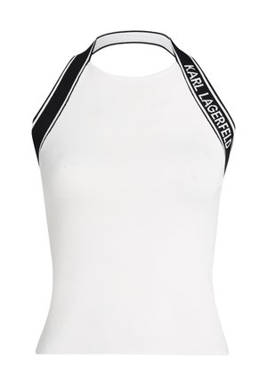 Weißes Tanktop mit gerippter Textur, ausgestattet mit halterneck Tragriemen in Schwarz und Weiß, mit dem "KARL LAGERFELD" Logo auf einer Seite.