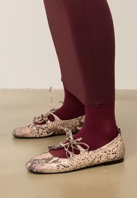 Beezinokad ballet-sandaalid beezha mustriga, ümmargune varvas ja peal olevad lipsud. Kandmiseks burgundia värvi sukad. Tasane tald.