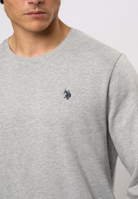 Grijze crewneck sweatshirt van een katoenmix, met een klein geborduurd logo in marineblauw op de linkerkant van de borst. Soepele textuur.