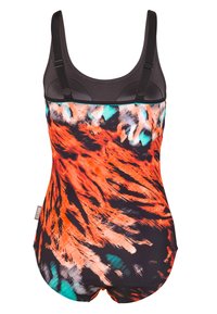 Maillot de bain avec une partie supérieure noire et un motif abstrait vibrant de couleur orange et bleu-vert en dessous. Il possède des bretelles réglables et un ourlet arrondi.