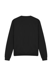 Schwarzer Pullover mit Rundhalsausschnitt, gerippten Bündchen und Saum. Glattes Material ohne sichtbare Logos oder Muster, von hinten präsentiert.