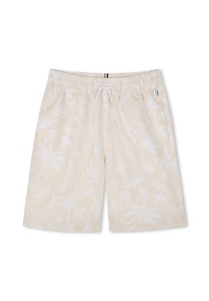 Beige zwembroek met een wit tropisch bloemenpatroon, voorzien van een elastische tailleband en een trekkoord. Lichtgewicht stof, knielange snit.