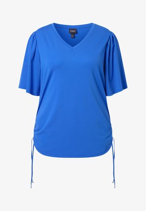 Blaue V-Ausschnitt-Bluse mit kurzen, flatternden Ärmeln und verstellbaren seitlichen Bändern für geraffte Details.