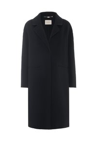 Cappotto lungo nero in lana con colletto a rever, maniche lunghe e due tasche frontali orizzontali, esposto su uno sfondo bianco semplice.