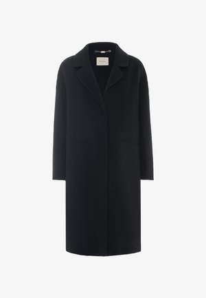 Cappotto lungo nero in lana con colletto a rever, maniche lunghe e due tasche frontali orizzontali, esposto su uno sfondo bianco semplice.