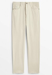 Ljust beige raka byxor i bomull, med fem fickor, knappstängning och enstaka dekorativ söm på sidan.