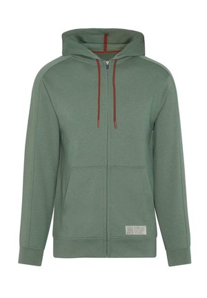 Groene rits-hoodie met een trekkoord-capuchon, voorvakjes en een textuurafwerking. Kenmerkt zich door contrasterende rode trekkoorden en een label aan de zoom.