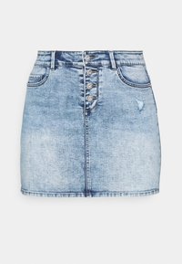 Mini-jupe en jean bleu clair avec une braguette à boutons et cinq boutons décoratifs, dotée de deux poches avant et d'un léger effet usé.