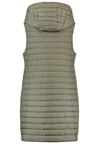 Vadderad khakifärgad ärmlös väst med huva, med horisontell quiltning, slät textur och en rak passform utan fickor.